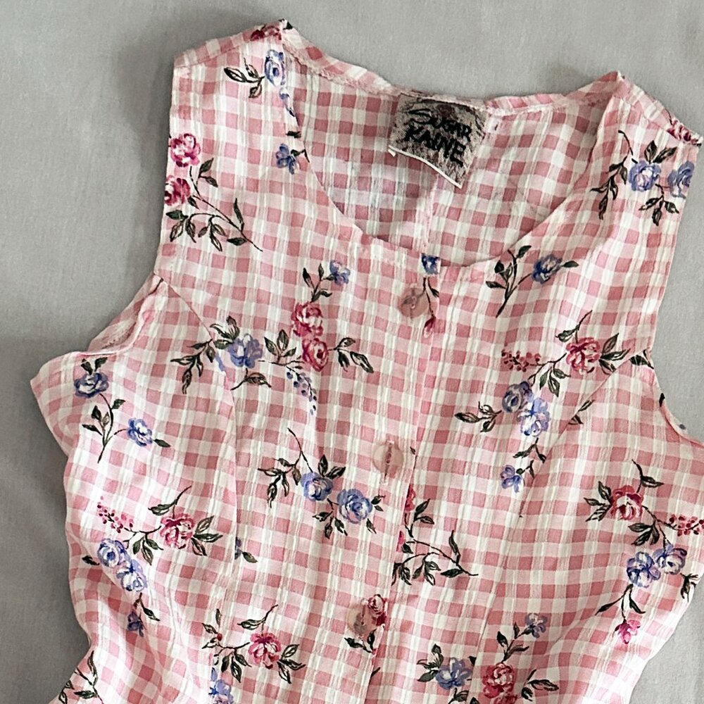 90s/Y2K Vintage Floral Picnic Pink Gingham Skort Romper (Girls 12) - Picture 2 of 5
